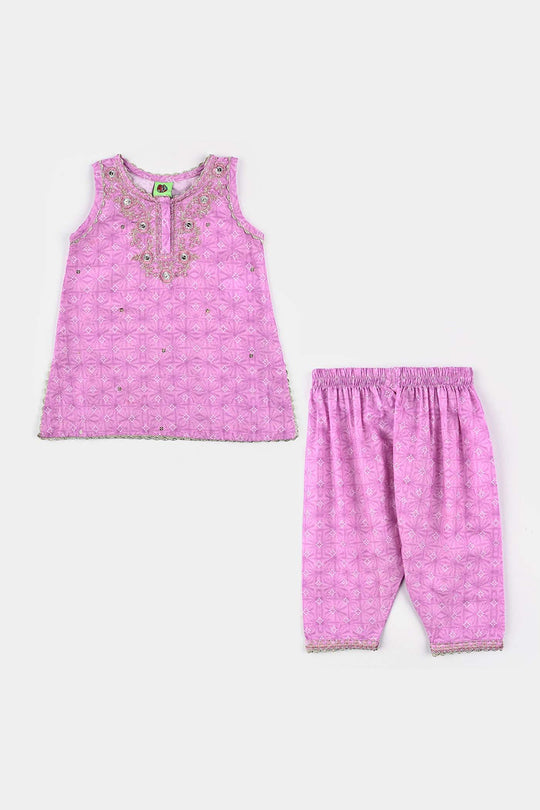 Infant Girls Cotton Poplin Emb & Printed 2Pcs Chunri - Purple