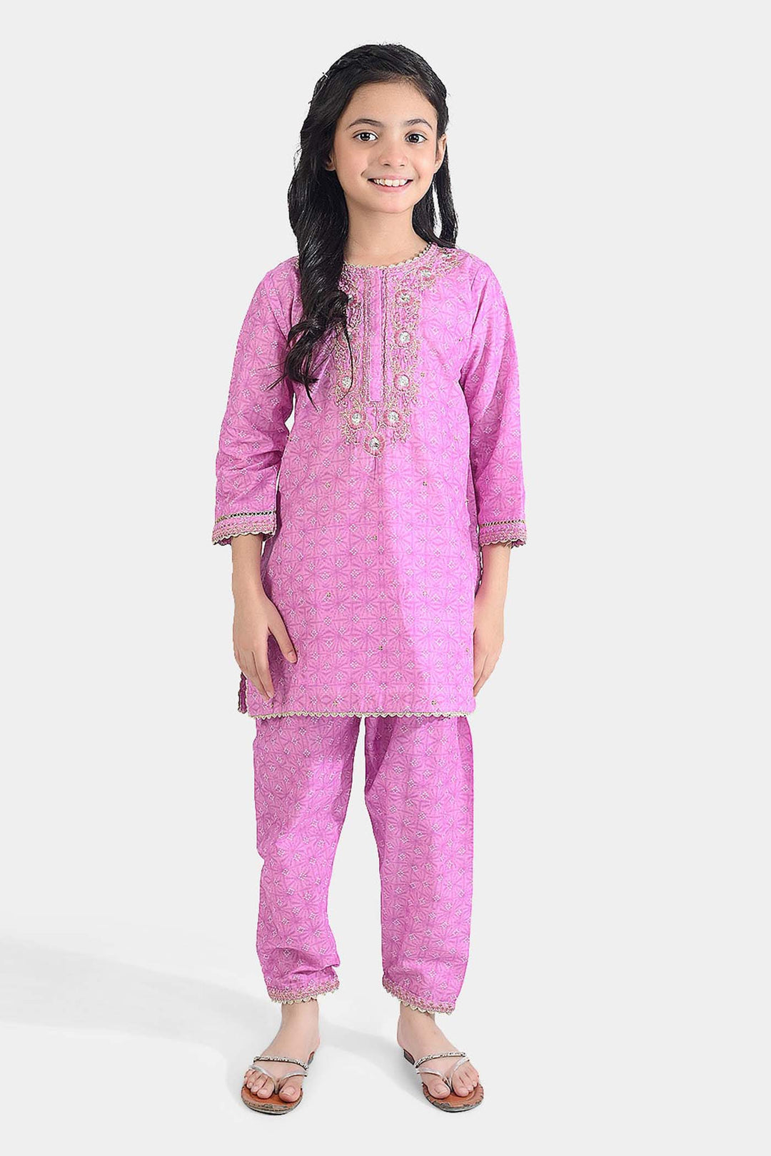 Girls Cotton Poplin Emb & Printed 2Pcs Chunri - Purple