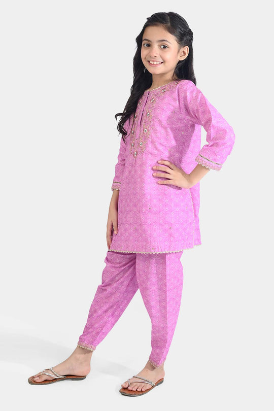 Girls Cotton Poplin Emb & Printed 2Pcs Chunri - Purple