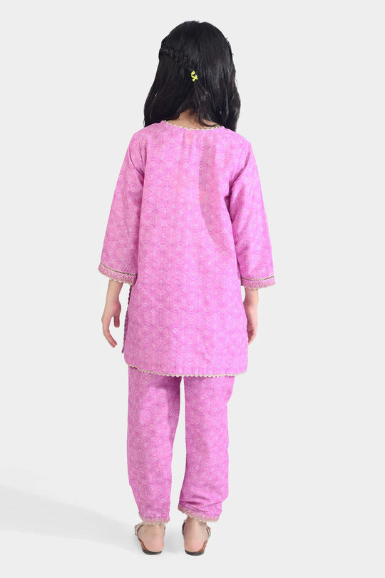 Girls Cotton Poplin Emb & Printed 2Pcs Chunri - Purple
