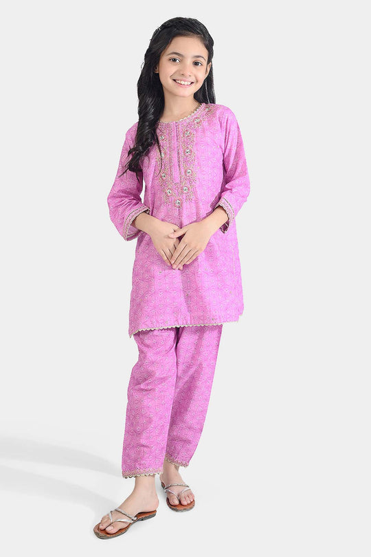 Girls Cotton Poplin Emb & Printed 2Pcs Chunri - Purple