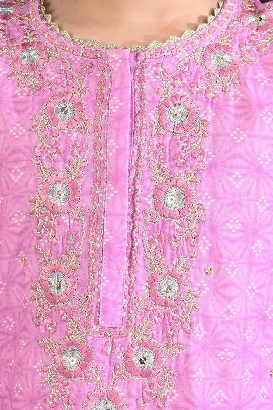 Girls Cotton Poplin Emb & Printed 2Pcs Chunri - Purple