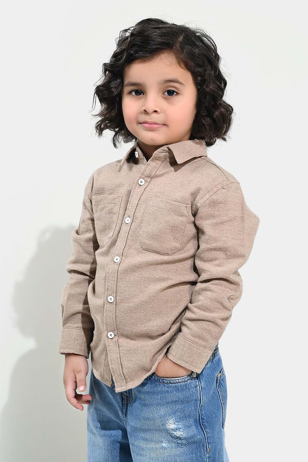 Boys Flannel Shirt F/S (Color Block) - BEIGE