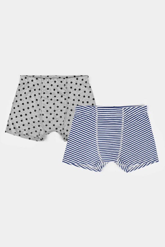 Boys Cotton Jersey Boxer Stripes & Star (Pack Of 2) - White/Grey