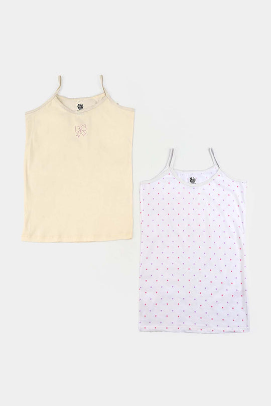 Girls Cotton Jersey Cami Dots & Bow-Pack Of 2-White Vanilla