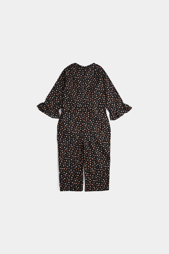 Girls Cotton Poplin Jumpsuit Rust Flowers-BLACK