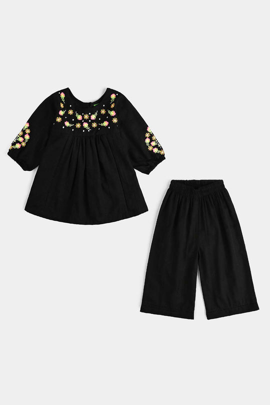 Infant Girls Cotton Emb 2Pcs Splash-BLACK