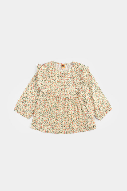 Girls Poly Net Casual Top Yellow Flowers-Cream