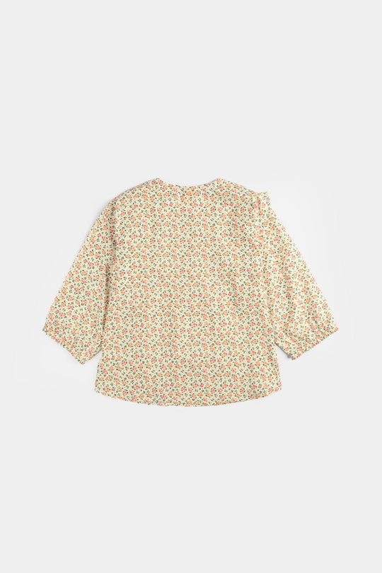 Girls Poly Net Casual Top Yellow Flowers-Cream