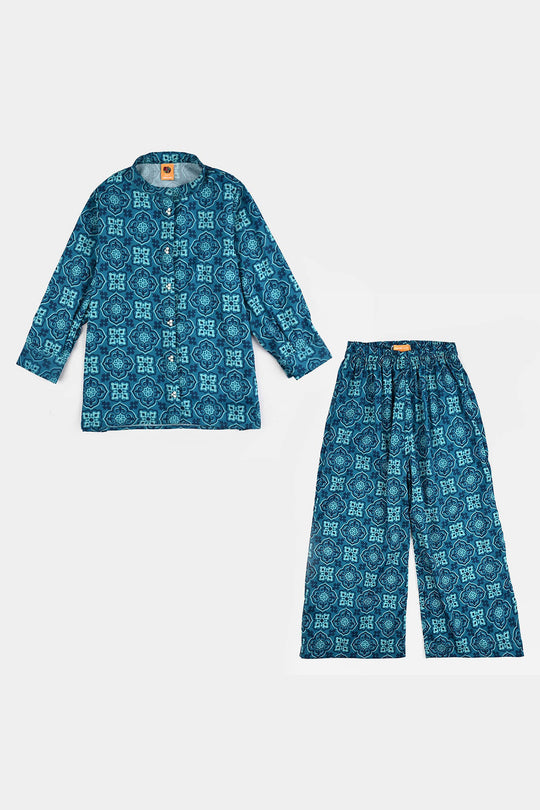 Girls Poly Net Co-Ord Set Mosaic-LIGHT BLUE