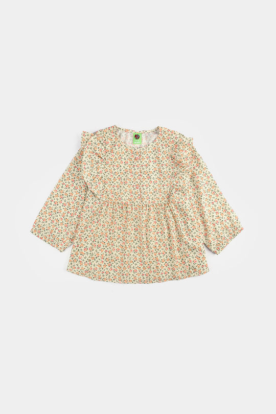 Infant Girls Poly Net Casual Top Yellow Flowers-Cream