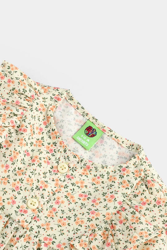 Infant Girls Poly Net Casual Top Yellow Flowers-Cream