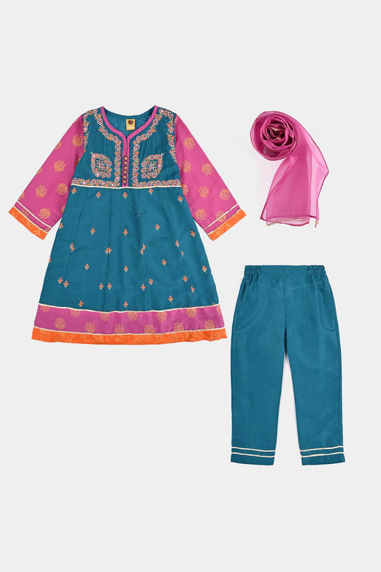 Girls poly cambric Fancy 3Pcs - Teal blue