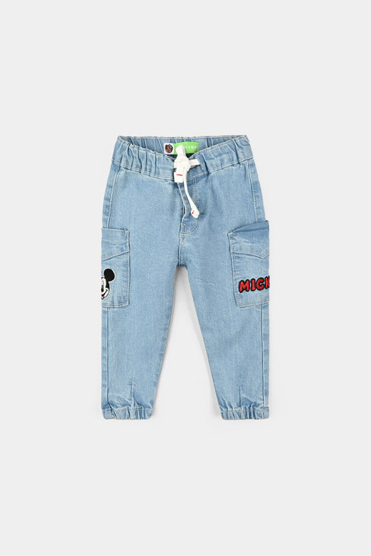 Infant Boys Denim Stretch Pant Mickey Patch-LIGHT BLUE