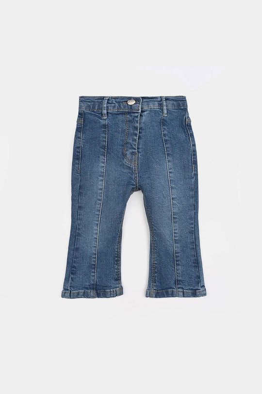 Infant Girls Denim Stretch Front Bone Pockets-Mid Blue