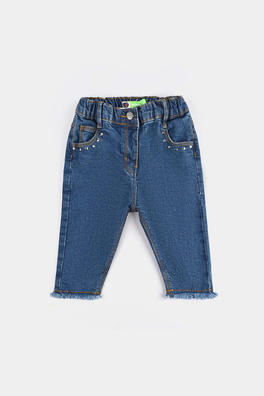 Infant Girls Denim Stretch Pants (Heart Shape Studs) - Dark Blue