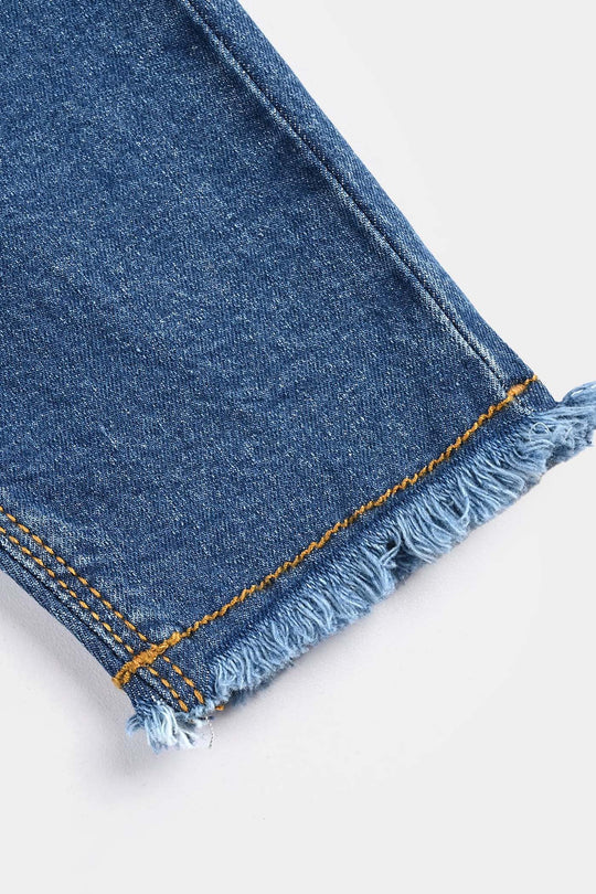 Infant Girls Denim Stretch Pants (Heart Shape Studs) - Dark Blue