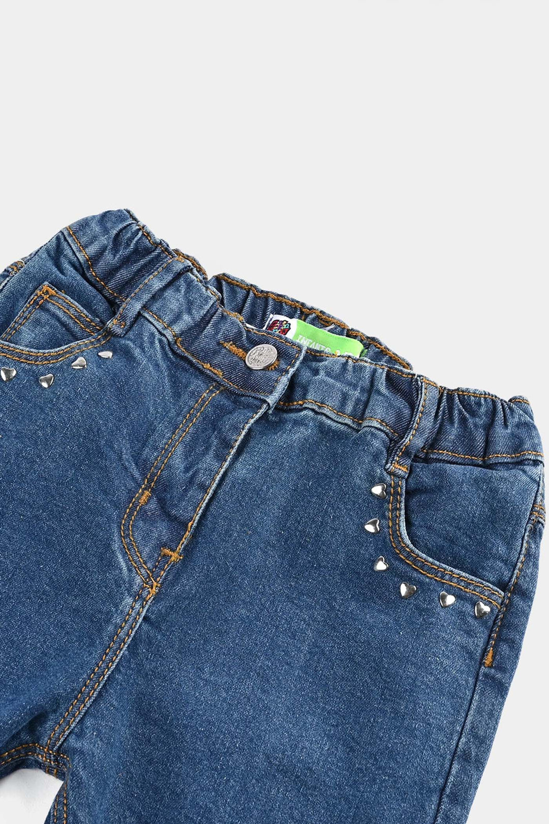 Infant Girls Denim Stretch Pants (Heart Shape Studs) - Dark Blue