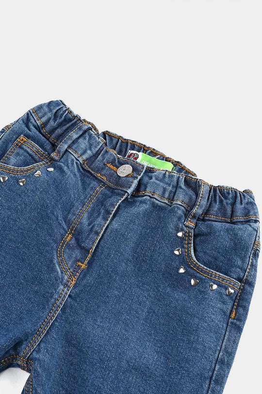 Infant Girls Denim Stretch Pants (Heart Shape Studs) - Dark Blue
