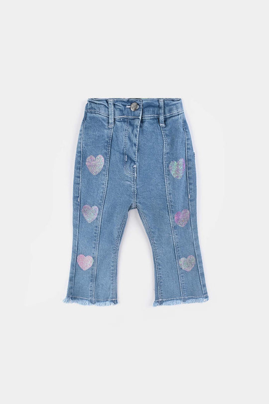 Infant Girls Denim Stretch Pant Glitter Hearts-Ice Blue