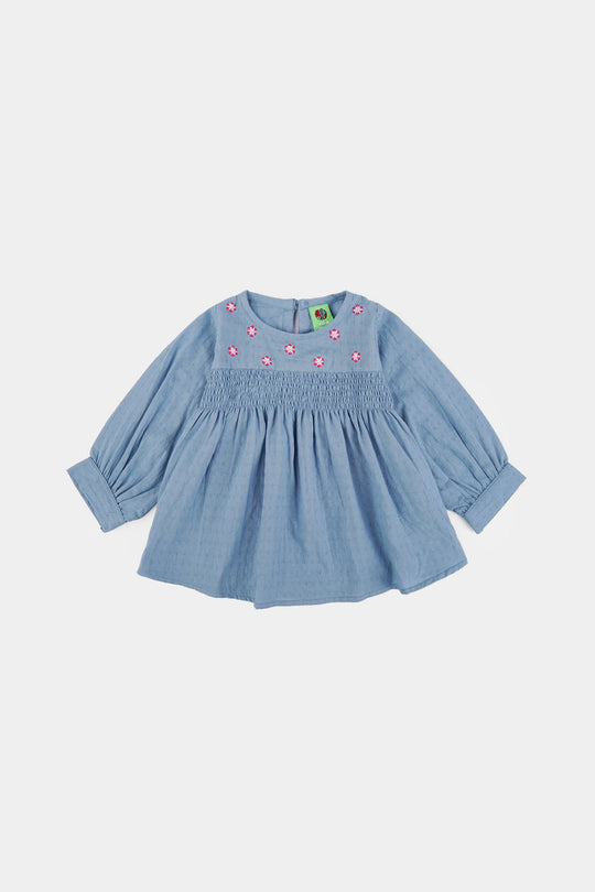 Infant Girls Dobby Emb Top Smoking Wiggle-Blue