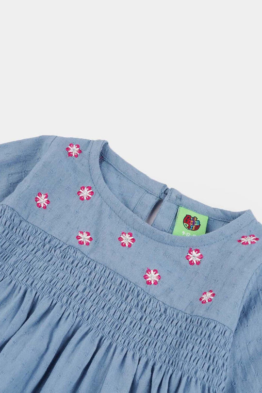 Infant Girls Dobby Emb Top Smoking Wiggle-Blue