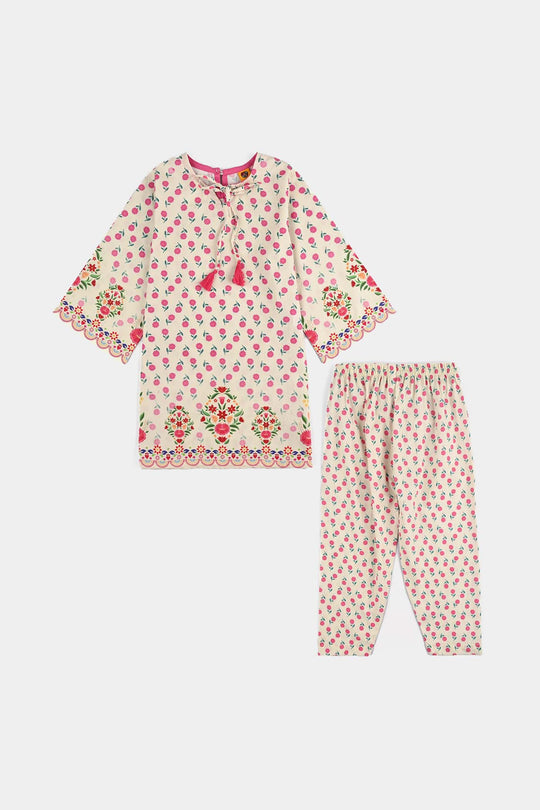 Girls Cotton Poplin Printed 2 Pcs - Off White