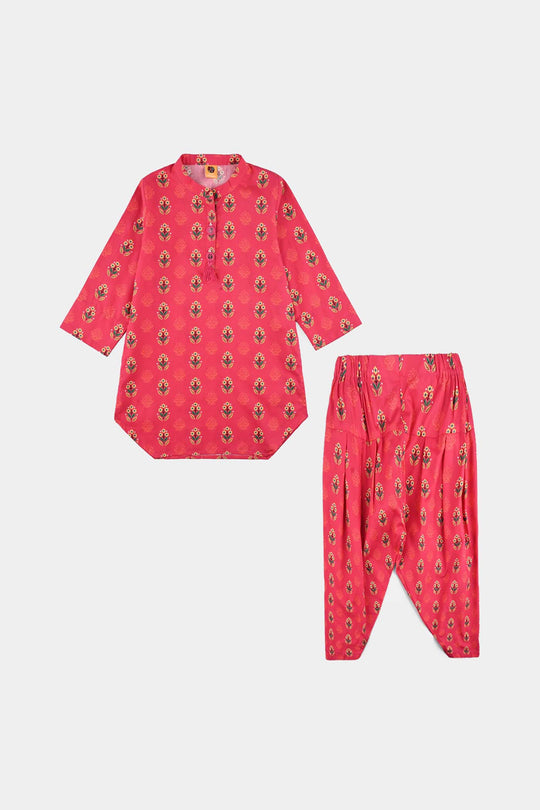 Girls Cotton Poplin Printed 2 Pcs Red Flowers-Red