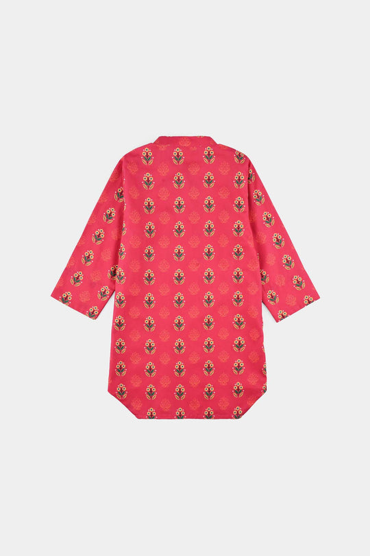 Girls Cotton Poplin Printed 2 Pcs Red Flowers-Red