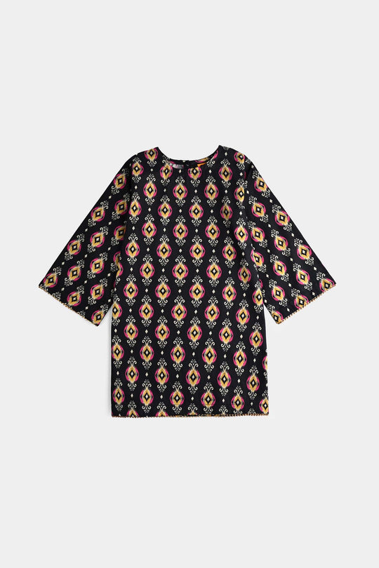 Girls Cotton Poplin Printed 3 Pcs Ikaat-BLACK