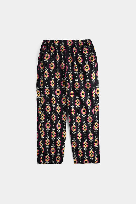 Girls Cotton Poplin Printed 3 Pcs Ikaat-BLACK