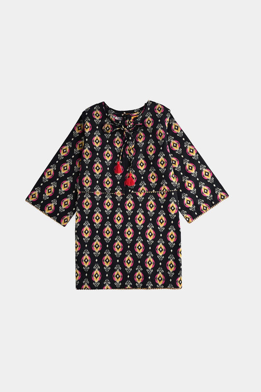 Girls Cotton Poplin Printed 3 Pcs Ikaat-BLACK