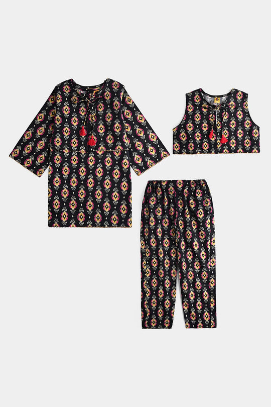 Girls Cotton Poplin Printed 3 Pcs Ikaat-BLACK