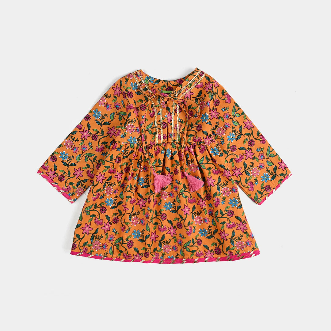 Infant Girls Cotton Poplin Printed 2 Pcs Desi Tribe-Mustard