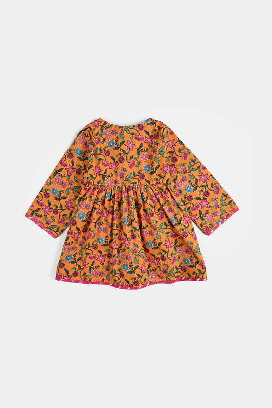 Infant Girls Cotton Poplin Printed 2 Pcs Desi Tribe-Mustard