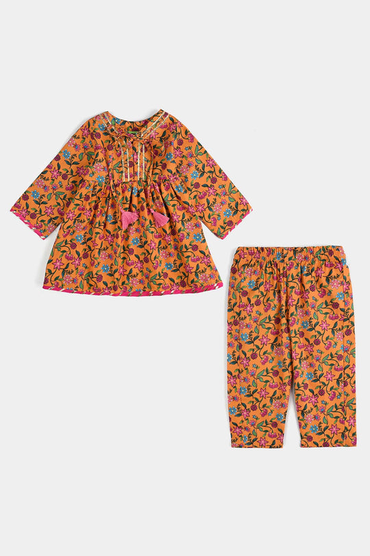 Infant Girls Cotton Poplin Printed 2 Pcs Desi Tribe-Mustard