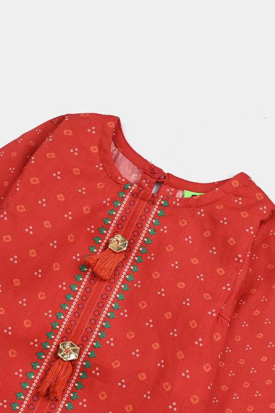 Infant Girls Cotton Poplin Printed 2 Pcs - B.Red