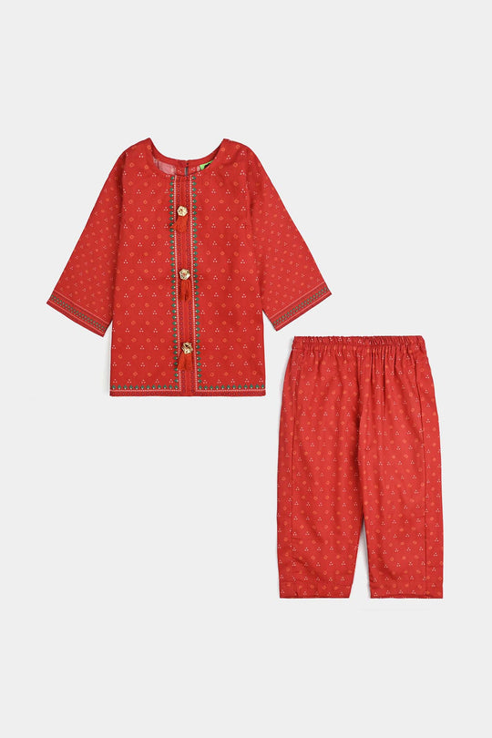 Infant Girls Cotton Poplin Printed 2 Pcs - B.Red