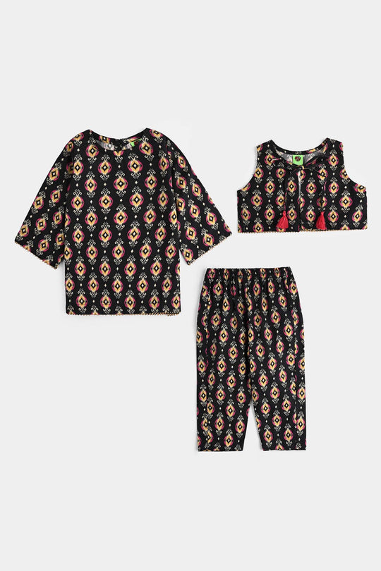 Infant Girls Cotton Poplin Printed 3 Pcs Ikaat-BLACK