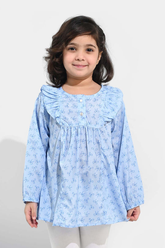 Girls Poly Viscose Casual Top Blue Bow-BLUE