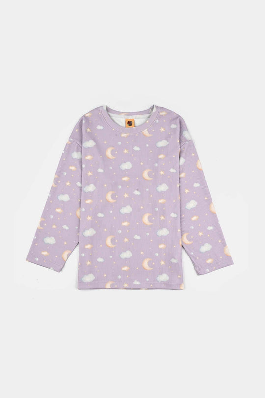 Girls Jersey/Terry Night Suit Moon & Cloud-Purple