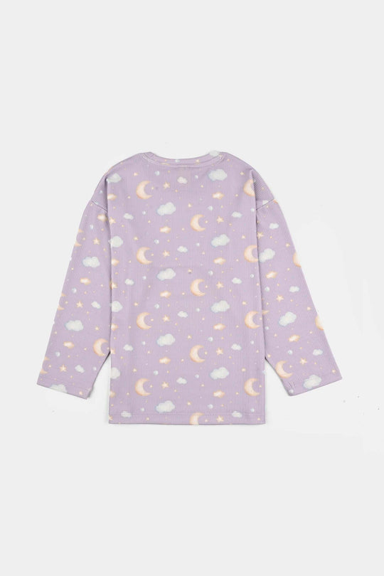 Girls Jersey/Terry Night Suit Moon & Cloud-Purple