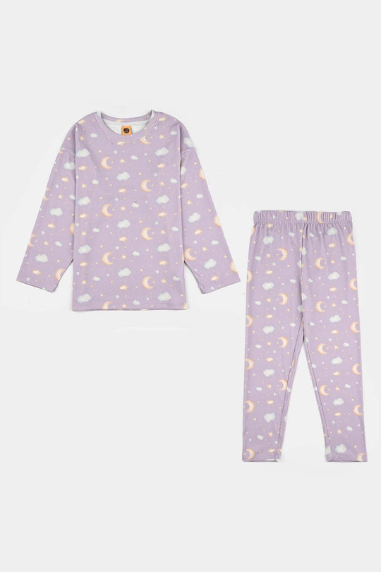 Girls Jersey/Terry Night Suit Moon & Cloud-Purple