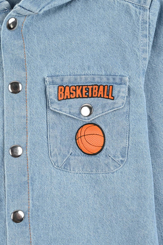 Boys Denim Rigid Hooded Shirt Basketball-Ice Blue