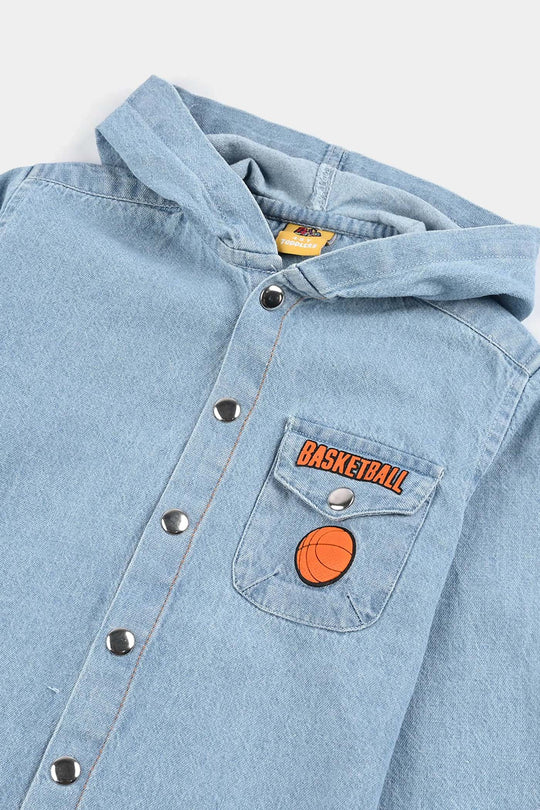 Boys Denim Rigid Hooded Shirt Basketball-Ice Blue