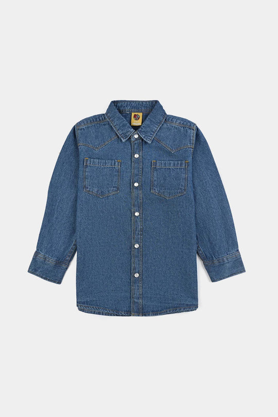 Boys Denim rigid Shirt F/S Cut & Sew- Blue
