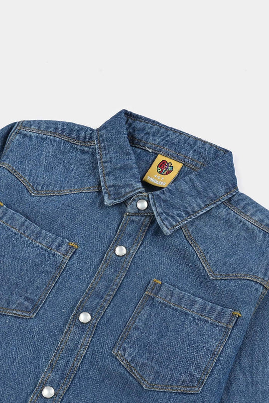 Boys Denim rigid Shirt F/S Cut & Sew- Blue