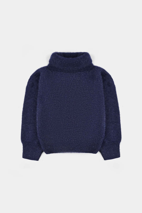 Girls Feather Yarn Turtle Neck Sweater Cobalt - Blue
