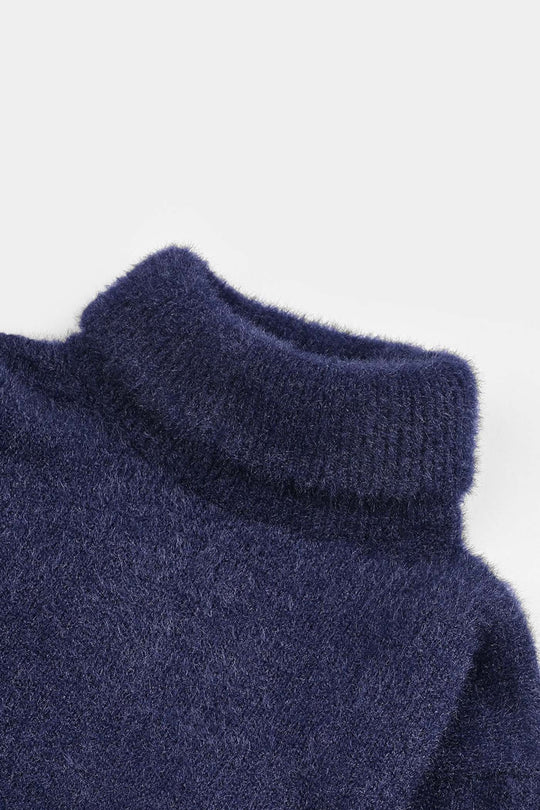 Girls Feather Yarn Turtle Neck Sweater Cobalt - Blue