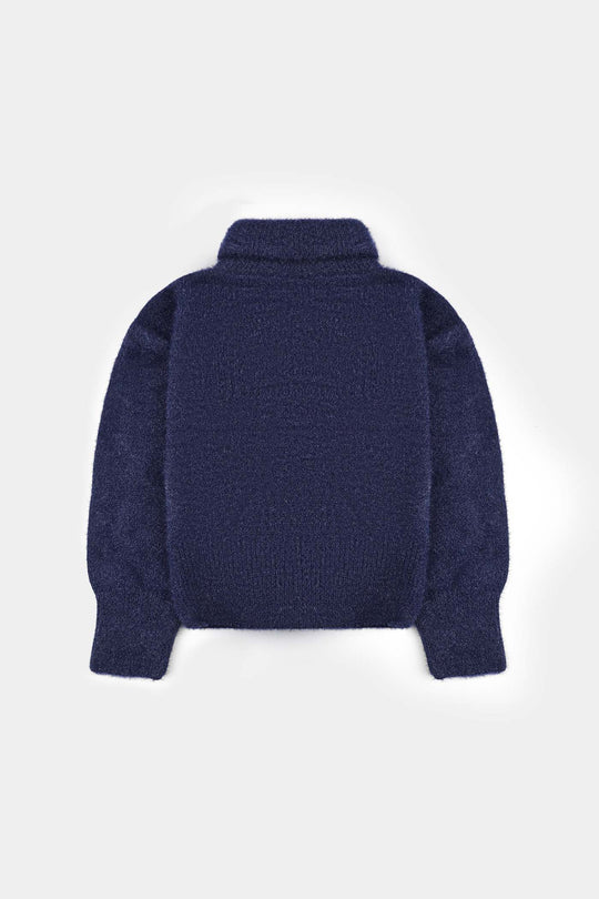 Girls Feather Yarn Turtle Neck Sweater Cobalt - Blue